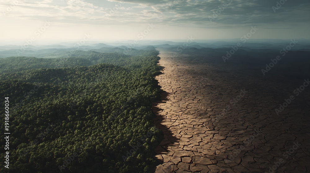 Obraz premium Aerial drone view of dense tropical forest next to a barren area of dry cracked earth