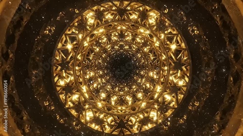Abstract golden tunnel with intricate star-shaped patterns, creating a mesmerizing symmetrical