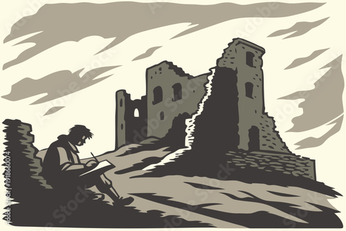 Artist sketching ancient castle ruins on a hillside, capturing history with charcoal