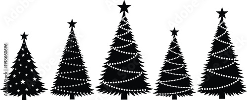 Christmas tree silhouette collection vector illustration, decorated fir trees with stars and garlands festive holiday icons isolated on white background