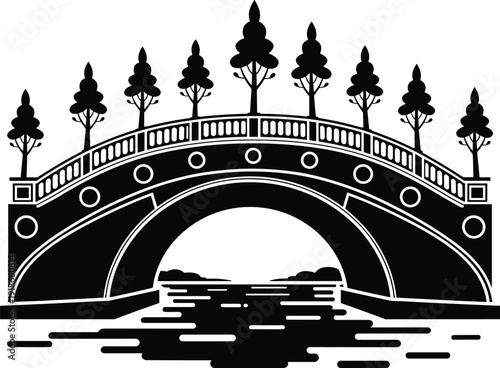 Black vector silhouette of a classic stone arch bridge over water with decorative trees lining the walkway for park landscaping and architectural branding