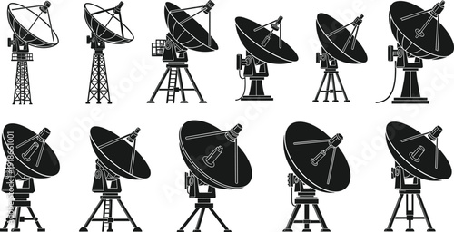 Collection of satellite dish antenna silhouettes vector set, radio telescope and radar communication equipment icons isolated on white background for technology design