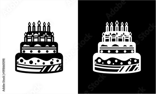 Birthday Cake with Candles Black and White Illustration.