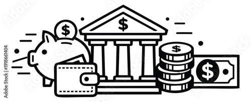 Line art financial icons set featuring a piggy bank, wallet, bank building, coins, and dollar bill for financial concepts