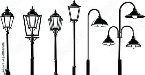 Collection of vintage and modern street lamp silhouettes decorative outdoor lantern posts classic and contemporary urban lighting fixtures isolated on white background