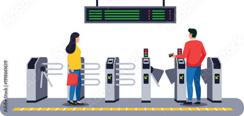Metro station turnstile vector illustration, passengers using contactless card ticket gate entrance public transport security checkpoint flat design concept scene