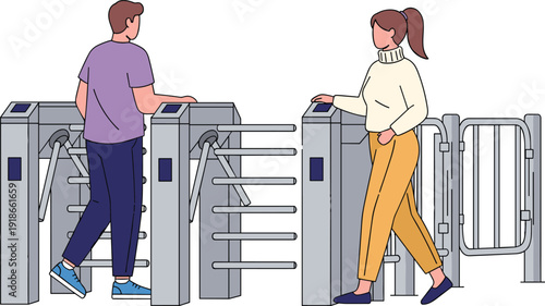 People, using, security, turnstile, gate, access, control, system, vector, illustration, public, transport, entrance, scanning, ticket, barrier, technology, safety, entry, design