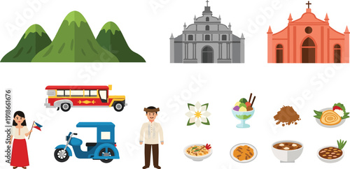 Philippines culture icons set jeepney tricycle traditional food church landmarks mountains filipino people travel tourism vector illustration collection isolated design