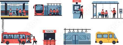 Public transport vector illustration set, metro station bus stop passengers, tram, ticket kiosk and urban transit city mobility collection design