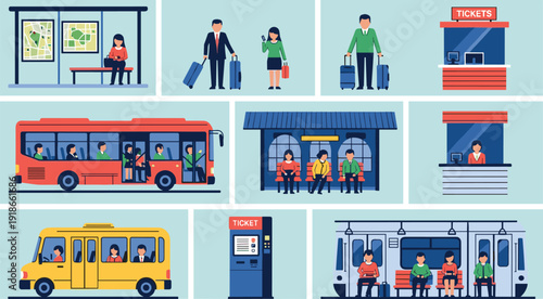 Public transport vector illustration set, bus stop passengers, ticket counter, subway train, travel people characters, urban mobility flat design concept