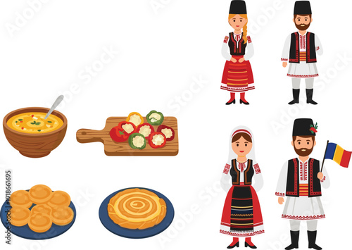 Romanian traditional culture vector set, folk costumes characters, national food dishes illustration, Eastern Europe heritage people and cuisine flat design collection