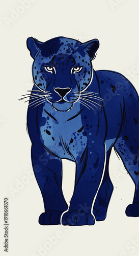 Mesmerizing blue panther illustration with a commanding gaze, featuring vibrant indigo and speckled sapphire fur against a minimalist background, conveying powerful wild elegance