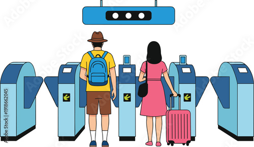 Travelers, turnstile, gate, access, control, airport, metro, entrance, ticket, scanner, public, transport, security, vector, illustration, passengers, travel, technology, mobility, design