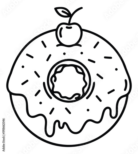 Line art illustration of a donut depicting sweet icing and a cherry for confectionery design