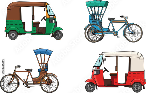 Tuk tuk and cycle rickshaw vector illustration set, traditional Asian transport vehicles collection isolated design for travel transportation concept artwork