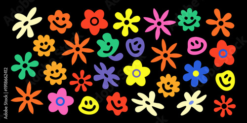 Colorful flower and smiley face patterns against a dark background