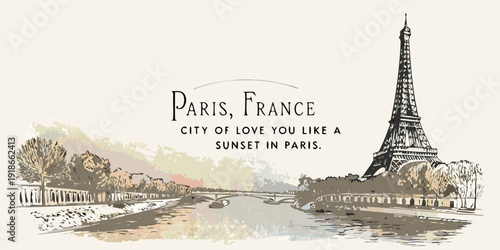 Sketch of the eiffel tower and seine river in paris france
