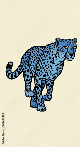 Vibrant blue cheetah illustration captured in dynamic motion, showcasing its powerful stride and graceful form within a stylized artistic depiction