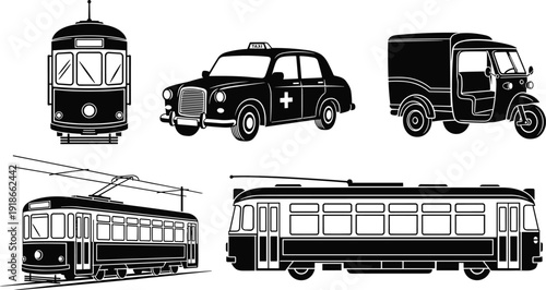 Vintage transport silhouette vector set, retro tram taxi auto rickshaw and classic public vehicle black outline illustration collection design