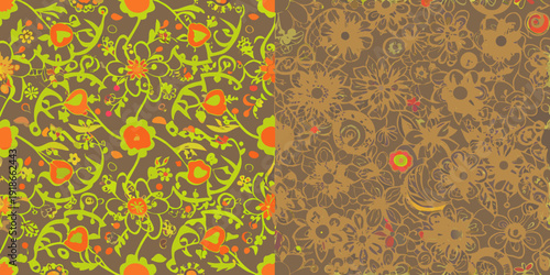 Floral pattern with abstract shapes in orange and green hues