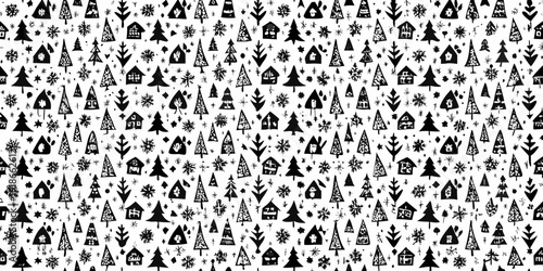 Black and white seamless pattern of houses and evergreen trees