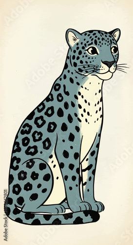 An illustrated depiction of a majestic snow leopard, characterized by its spotted coat and serene posture, presented in a charming, artistic style