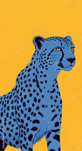 Striking illustration of a blue leopard with intense yellow eyes against a vibrant orange backdrop, a stylized depiction of wildlife