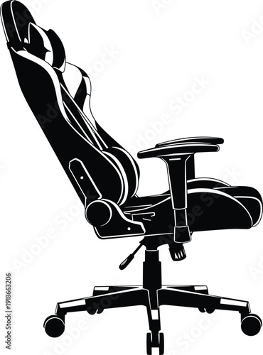 Ergonomic gaming office chair silhouette isolated on white background, adjustable swivel  seating furniture vector illustration for workspace 