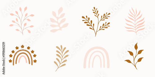 Minimalist botanical illustrations with rainbow and leaf designs on white