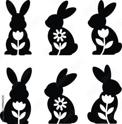 Black rabbit silhouettes with flowers for Easter