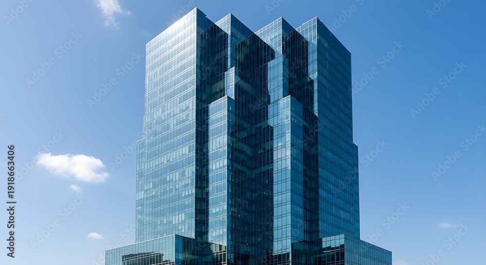 Fototapeta premium Modern Glass Corporate Tower with Reflective Facade and Blue Sky Background