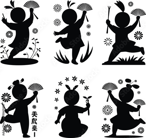 Dynamic silhouettes of children dancing with fans and flowers