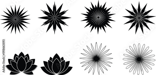 Wallpaper Mural abstract, geometric, floral, starburst, lotus, mandala, vector, silhouette, design, elements, decorative, icons, radial, flowers, isolated, black, white, illustration, collection, symmetry Torontodigital.ca