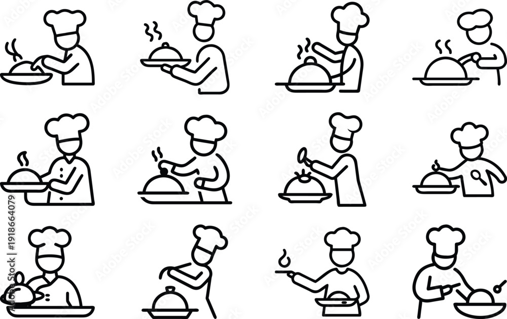 Obraz premium Culinary Craft: A collection of meticulously crafted, minimalist line art depicting chefs in various stages of food preparation, each exuding expertise and passion in their craft.