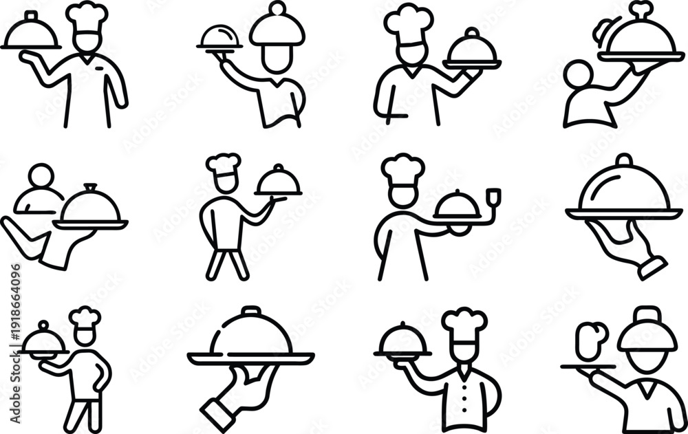 Fototapeta premium Culinary Service Icon Collection: A meticulously curated collection of sleek, minimalist icons capturing the essence of culinary service.