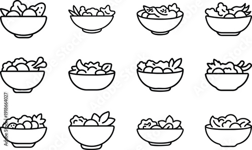 Healthy Salad Collection: A minimalist arrangement showcases an assortment of fresh, vibrant salad bowls, perfect for a culinary exploration.