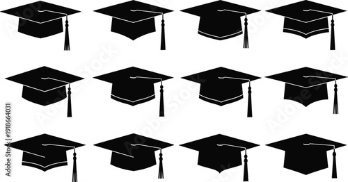 Graduation cap mortarboard silhouette collection with tassel academic education ceremony vector illustration set isolated