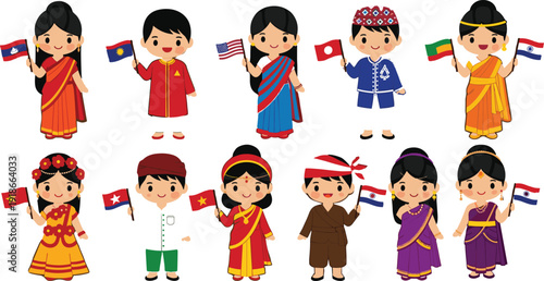 Asian kids in traditional costumes holding national flags multicultural children cartoon characters cultural diversity illustration set vector design collection artwork