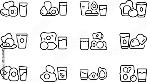 Essential Mealtime Components: A stylized array of everyday food items, delicately arranged to show breakfast components in an elegant and minimalistic monochrome style.