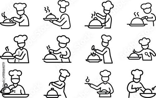 Culinary Craft: A collection of meticulously crafted, minimalist line art depicting chefs in various stages of food preparation, each exuding expertise and passion in their craft.