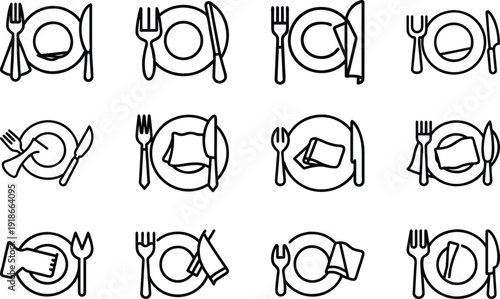 Dining Etiquette Guide: A comprehensive set of visual instructions on proper table manners, showcasing the correct placement of cutlery, plate, and napkin to communicate readiness, satisfaction.