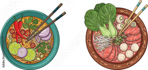 Asian noodle soup bowls top view spicy ramen and beef pho vector illustration traditional cuisine food chopsticks isolated background design