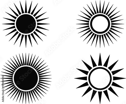 Set of four black sunburst icons on white background