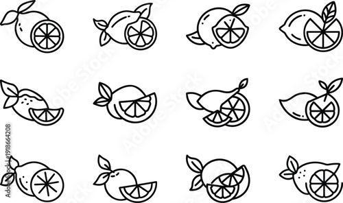 Citrus Freshness: A collection of meticulously crafted line art illustrations showcasing the vibrant allure of lemon, both whole and sliced.