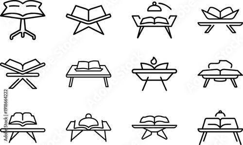 Quran Stand Designs: An abstract collection of elegant Quran stand, meticulously drawn, presenting diverse designs to hold the holy book, showcasing varying artistic styles and functionalities.