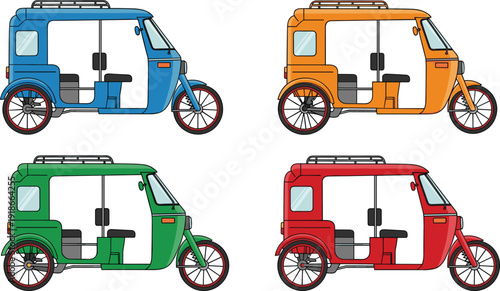 Auto, rickshaw, tuk, tuk, transport, vehicle, taxi, three, wheeler, colorful, vector, illustration, urban, mobility, travel, design, asian, transport, icon, set