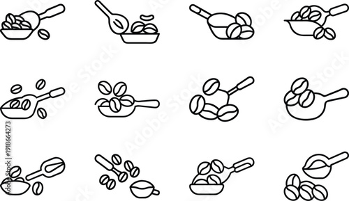 Coffee Bean Assortment: A collection of meticulously drawn illustrations showcasing the versatility of coffee beans, accompanied by various serving utensils.