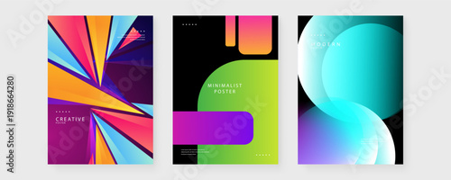 High quality set of three creative posters featuring sharp polygon crystals minimalist rounded bars and glowing cyan circles
