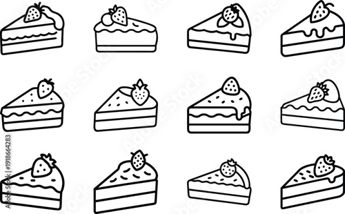 Delightful Strawberry Cake Slices: A dozen charming cake slices, each adorned with a fresh strawberry, offer a playful and inviting illustration of sweet indulgence.