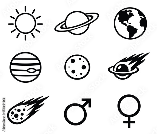 Line art astronomy and gender icons set featuring sun, planets, moon, comets, and gender symbols for science and education